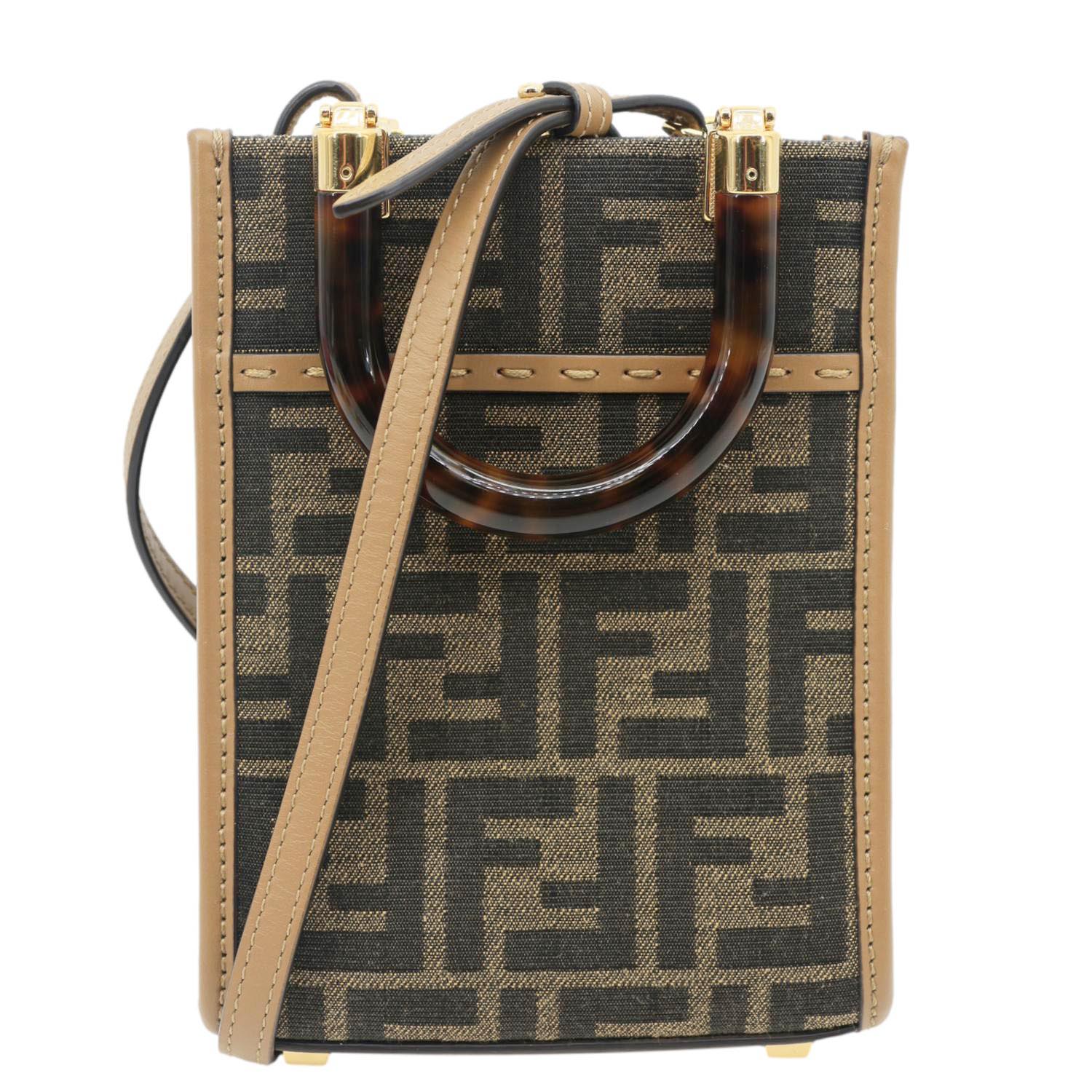 Fendi Tote Bag Sunshine Zucca FF Shopper Canvas Brown Mini