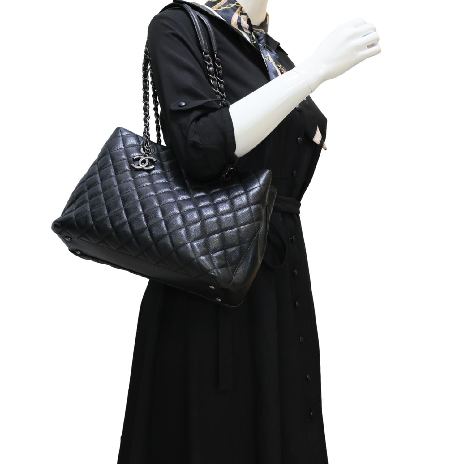 Chanel City Rock Quilted Caviar Shopping Black Leather Tote Bag