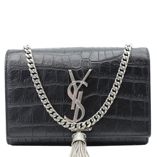 YSL Saint Laurent Yves Kate Tassel Crocodile Crossbody Bag Leather Black Embossed