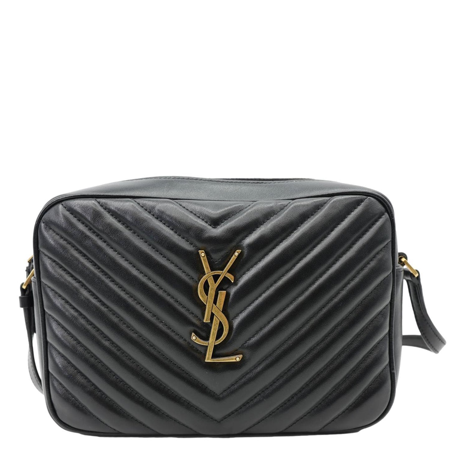 YSL Saint Laurent Yves Lou Chevron Camera Bag Leather Black Travel Bag