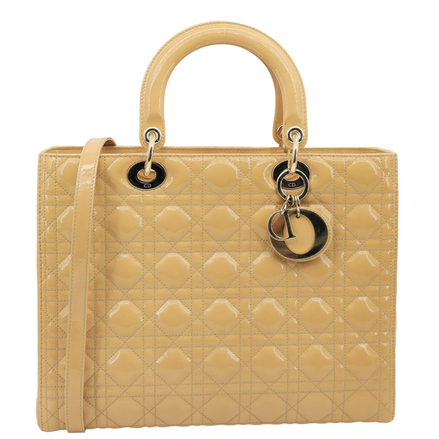Dior Lady Patent Shoulder Bag Camel Leather Quilted