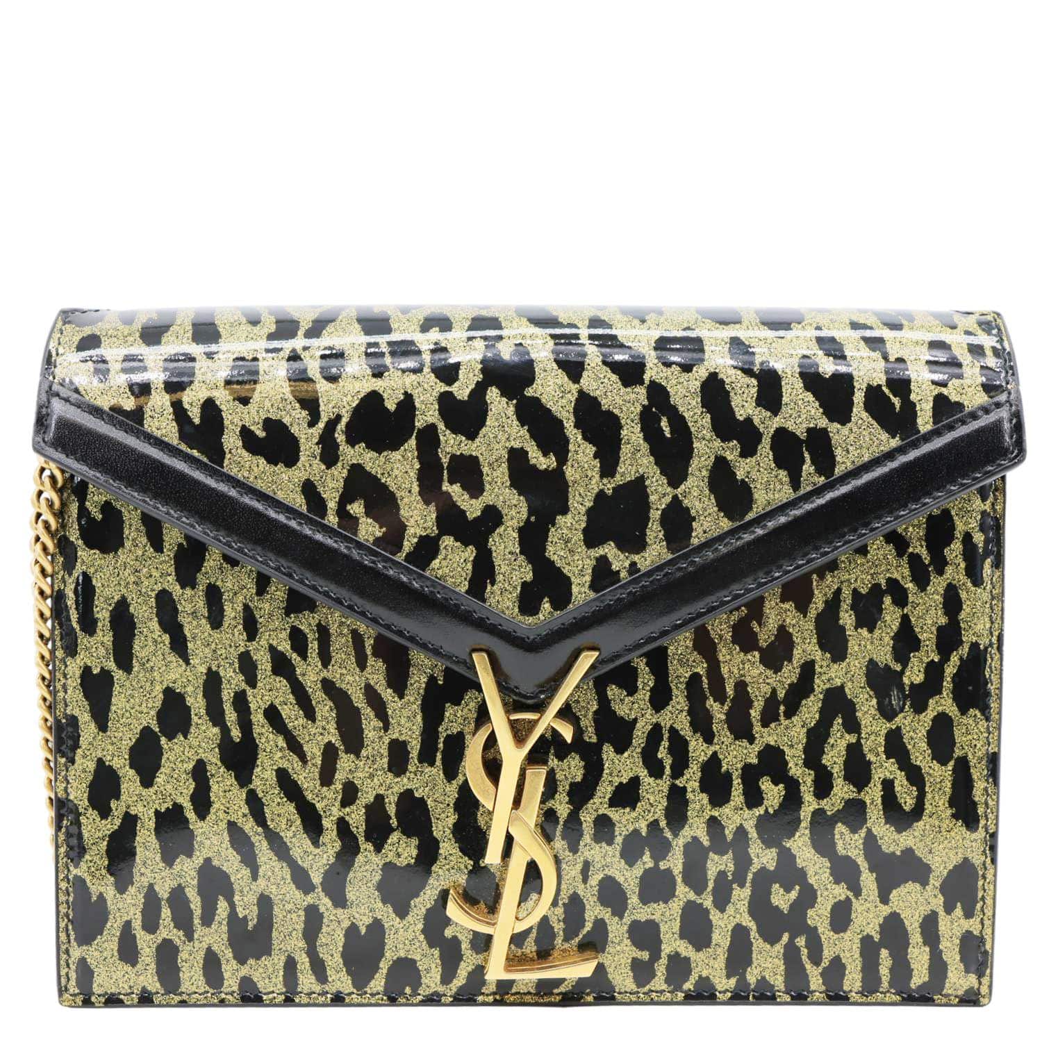 YSL Saint Laurent Yves Cassandre Envelope Leopard Print Wallet Bag Leather Gold Chain Travel Bag