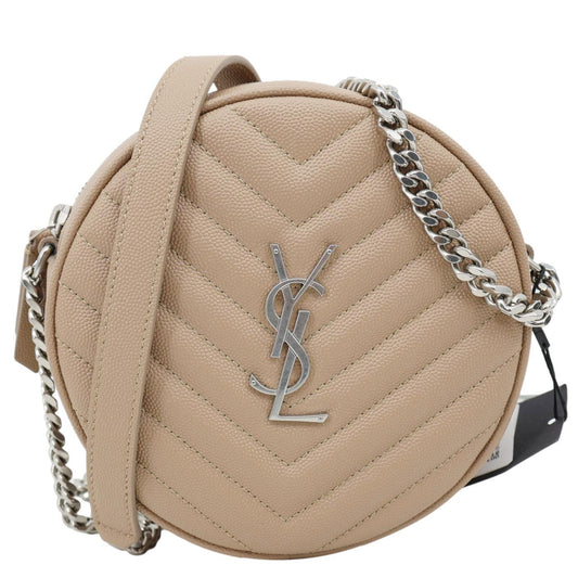 YSL Saint Laurent Yves Vinyle Round Chevron Camera Crossbody Bag Leather Beige