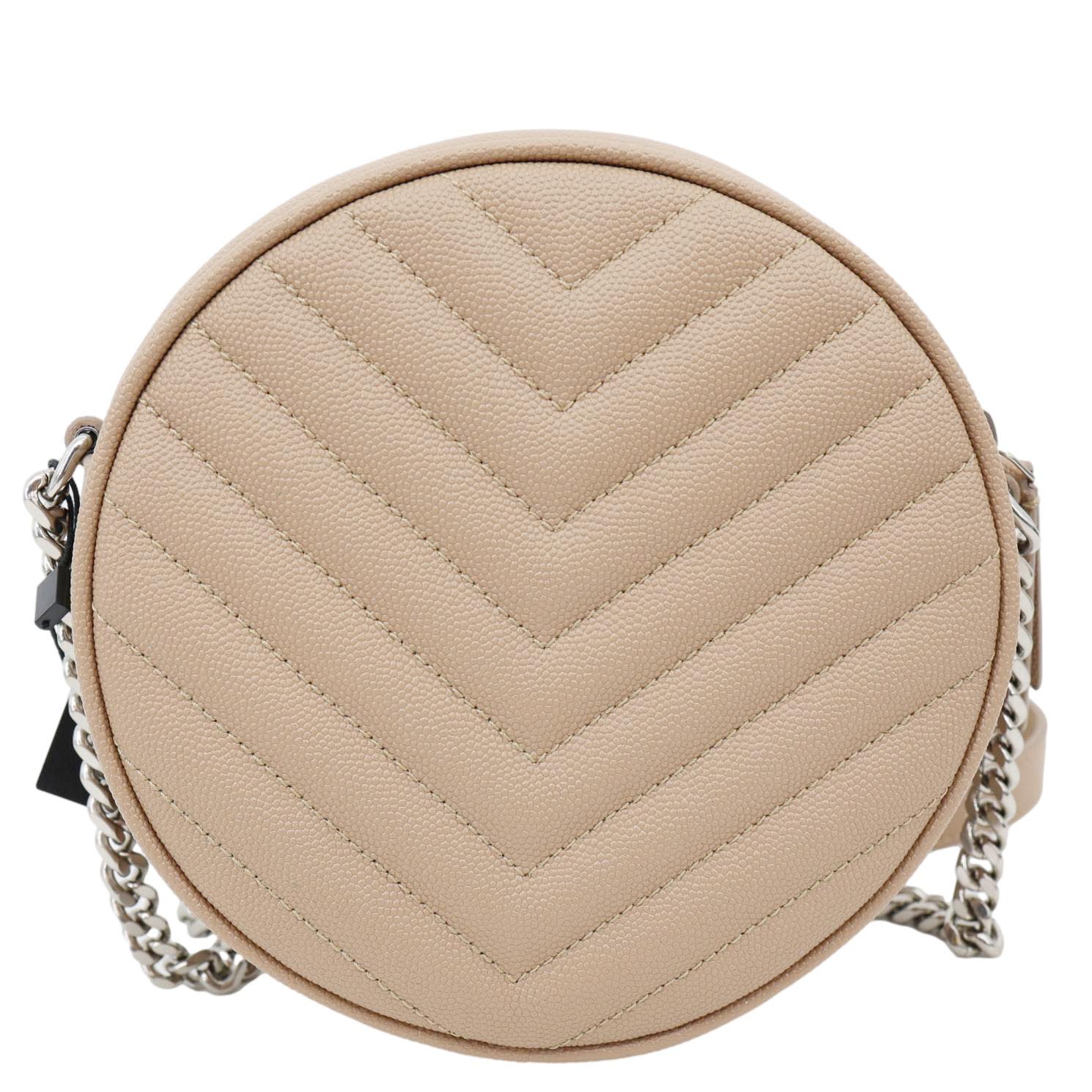 YSL Saint Laurent Yves Vinyle Round Chevron Camera Crossbody Bag Leather Beige