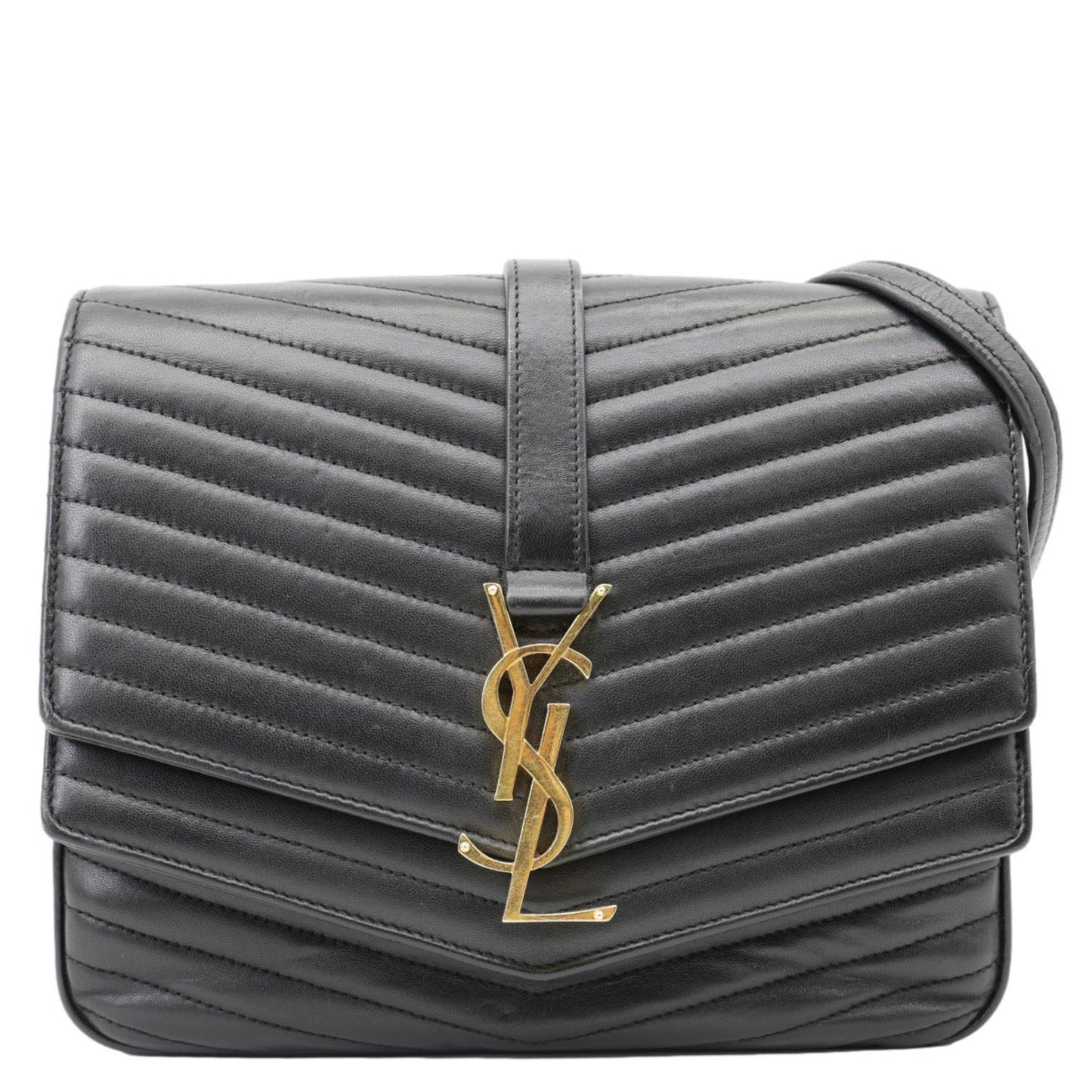 YSL Saint Laurent Yves Sulpice Chevron Crossbody Bag Leather Matelasse Black