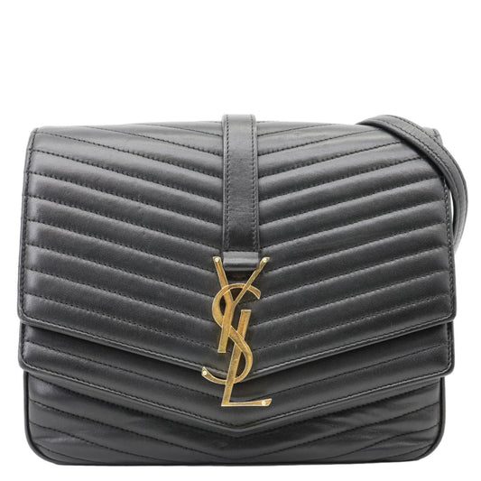 YSL Saint Laurent Yves Sulpice Chevron Crossbody Bag Leather Matelasse Black
