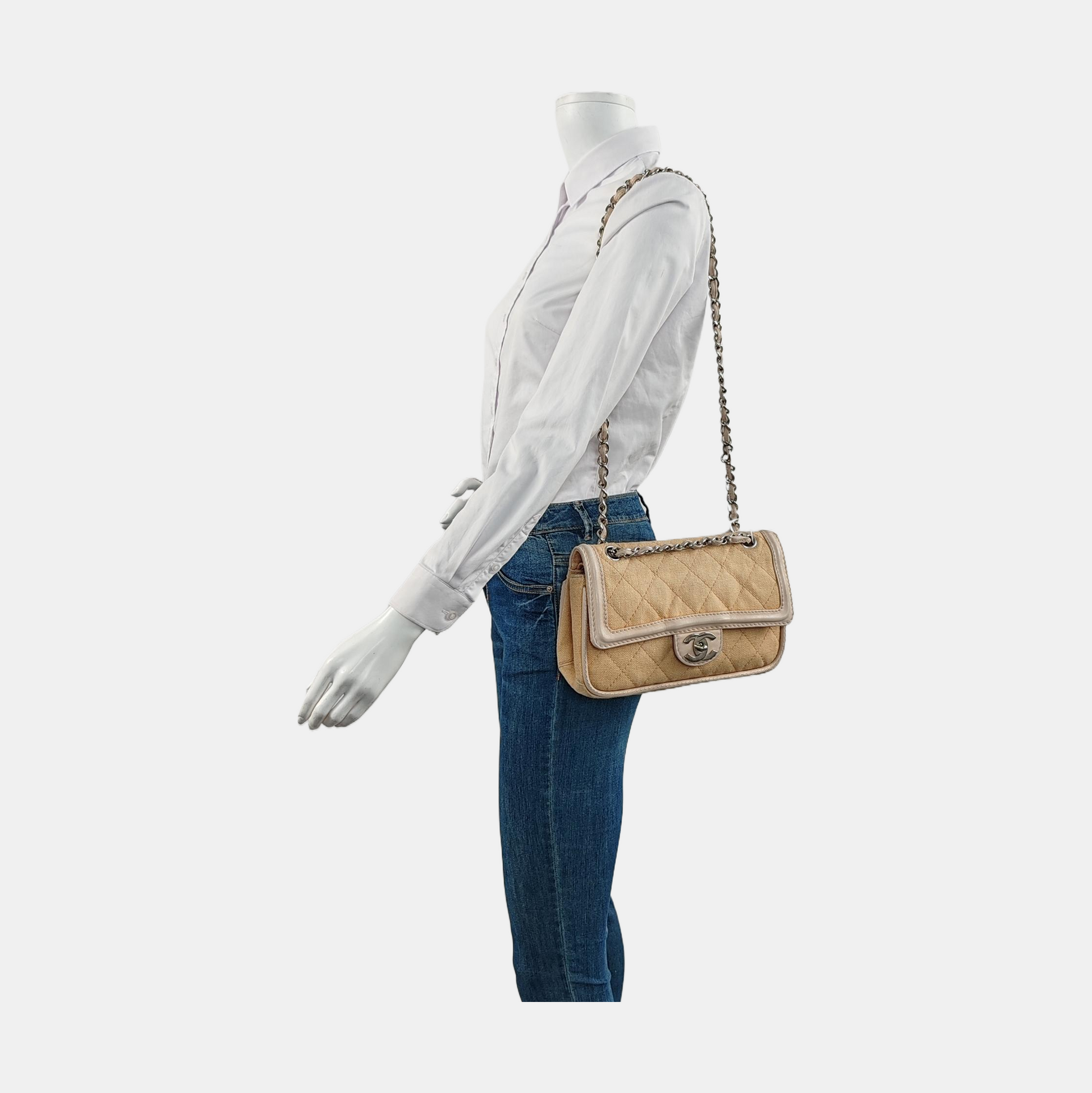 Chanel Classic Flap Hardware Silver Beige Canvas Leather Handbag