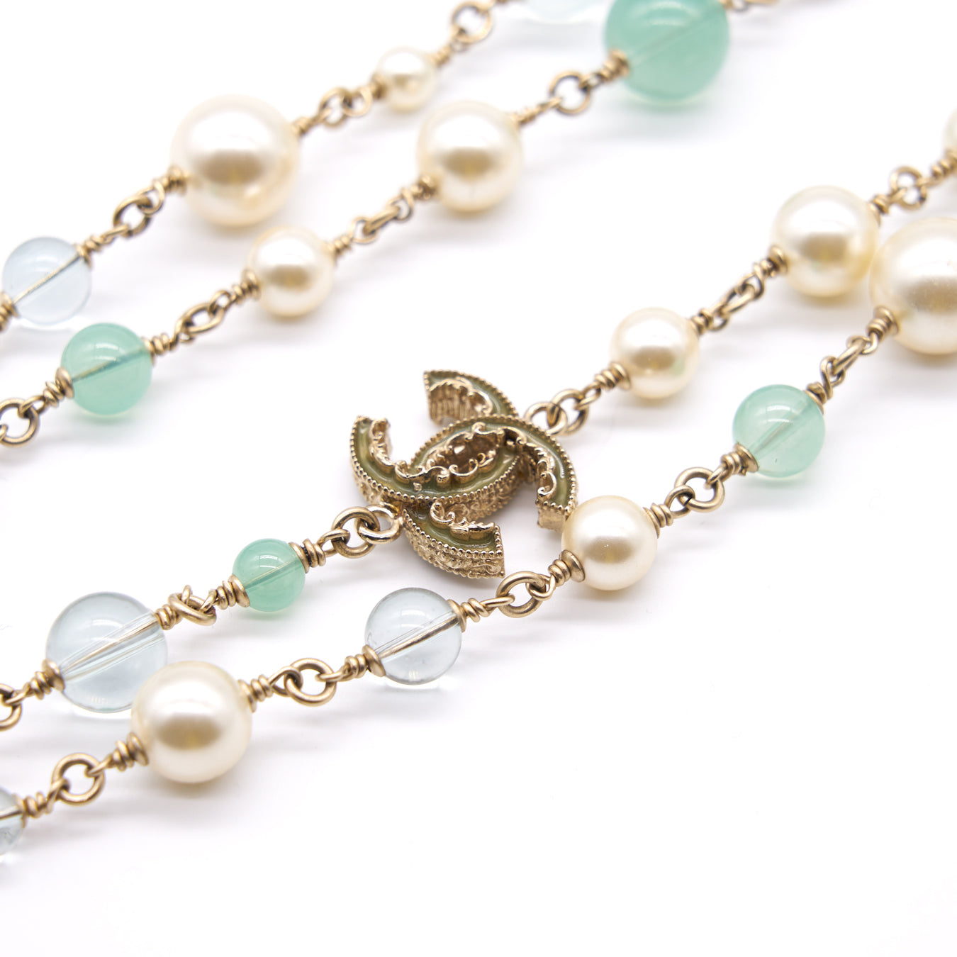 Chanel CC Pearl Gold Tone Pendant Double Chain   Necklace