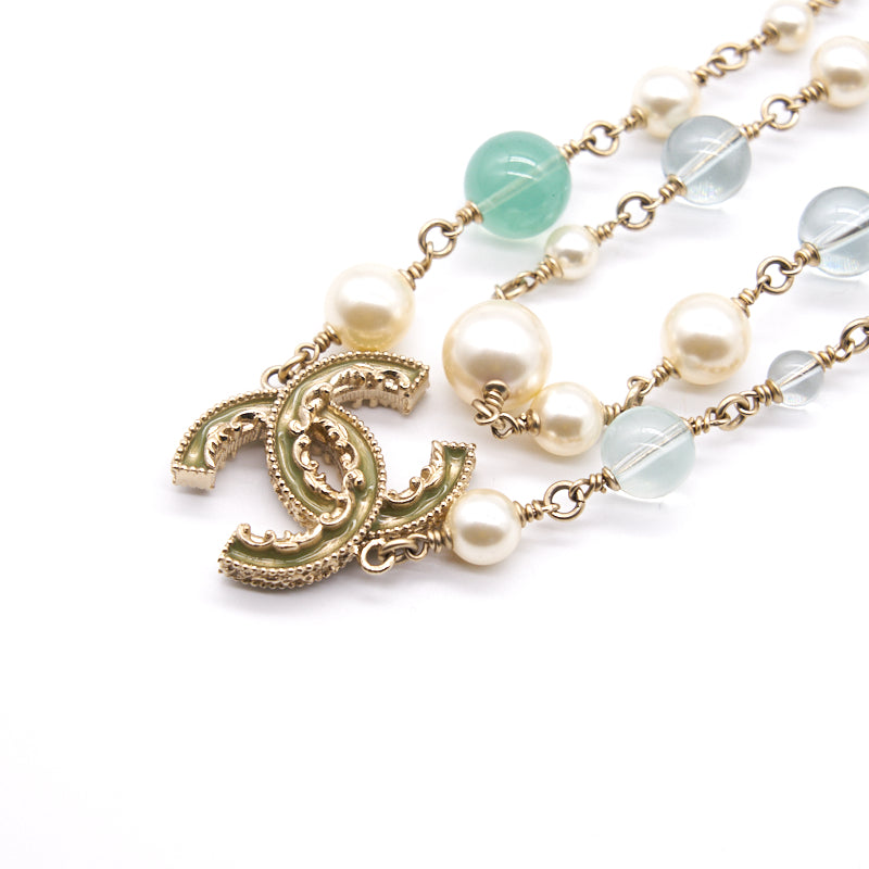 Chanel CC Pearl Gold Tone Pendant Double Chain   Necklace