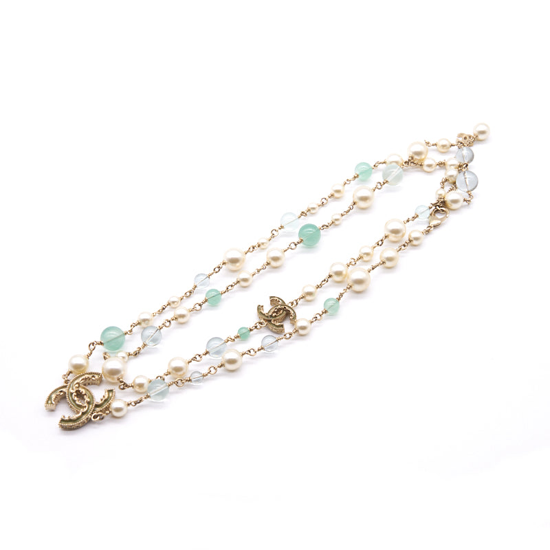 Chanel CC Pearl Gold Tone Pendant Double Chain   Necklace