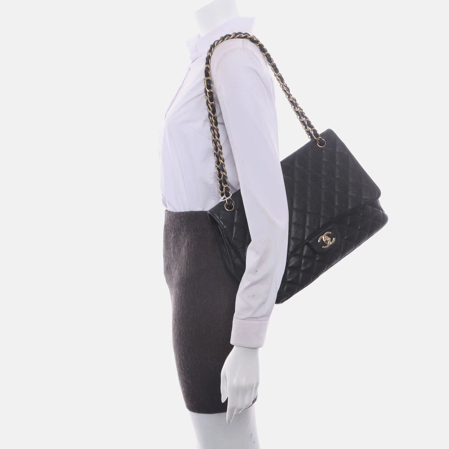 Chanel Classic Flap Maxi Caviar Single Flap Black Gold Leather Handbag