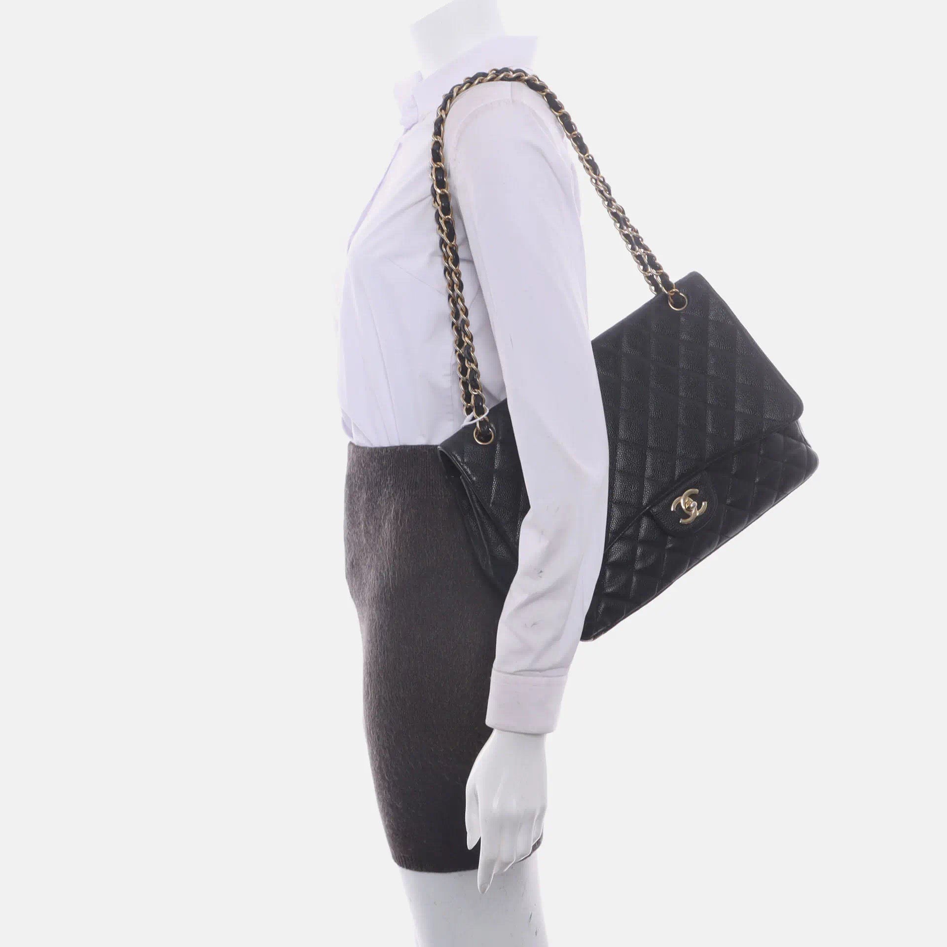 Chanel Classic Flap Maxi Caviar Single Flap Black Gold Leather Handbag