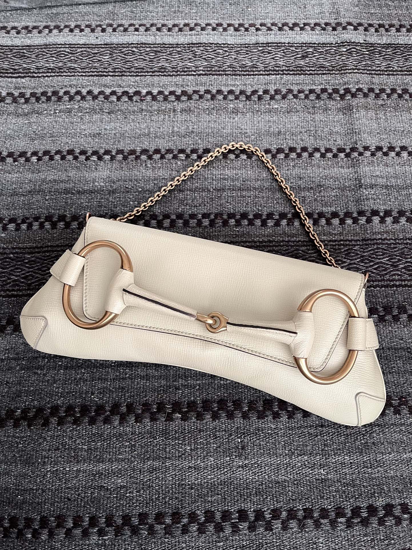 Gucci Horsebit Leather White Large Shoulder Bag