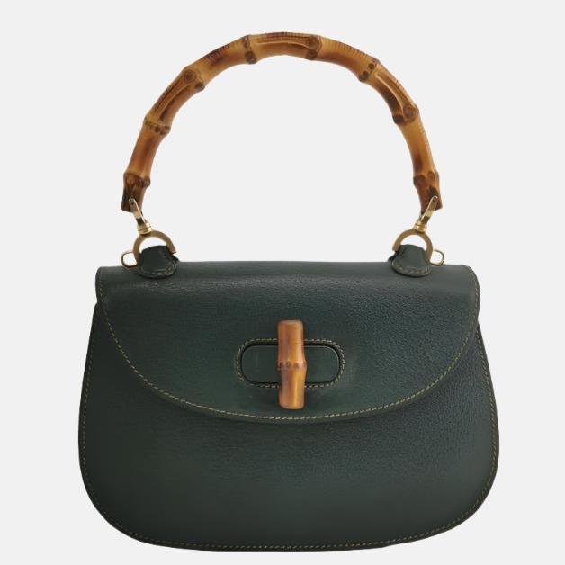 Gucci Bamboo Dark Leather Green Small Top Handle Travel Bag