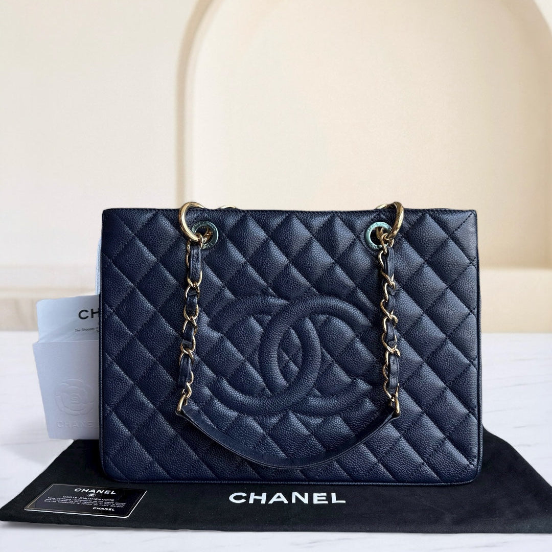 Chanel GST Grand Shopping Tote - Caviar Grained Quilted Blue Tote Bag 19 13