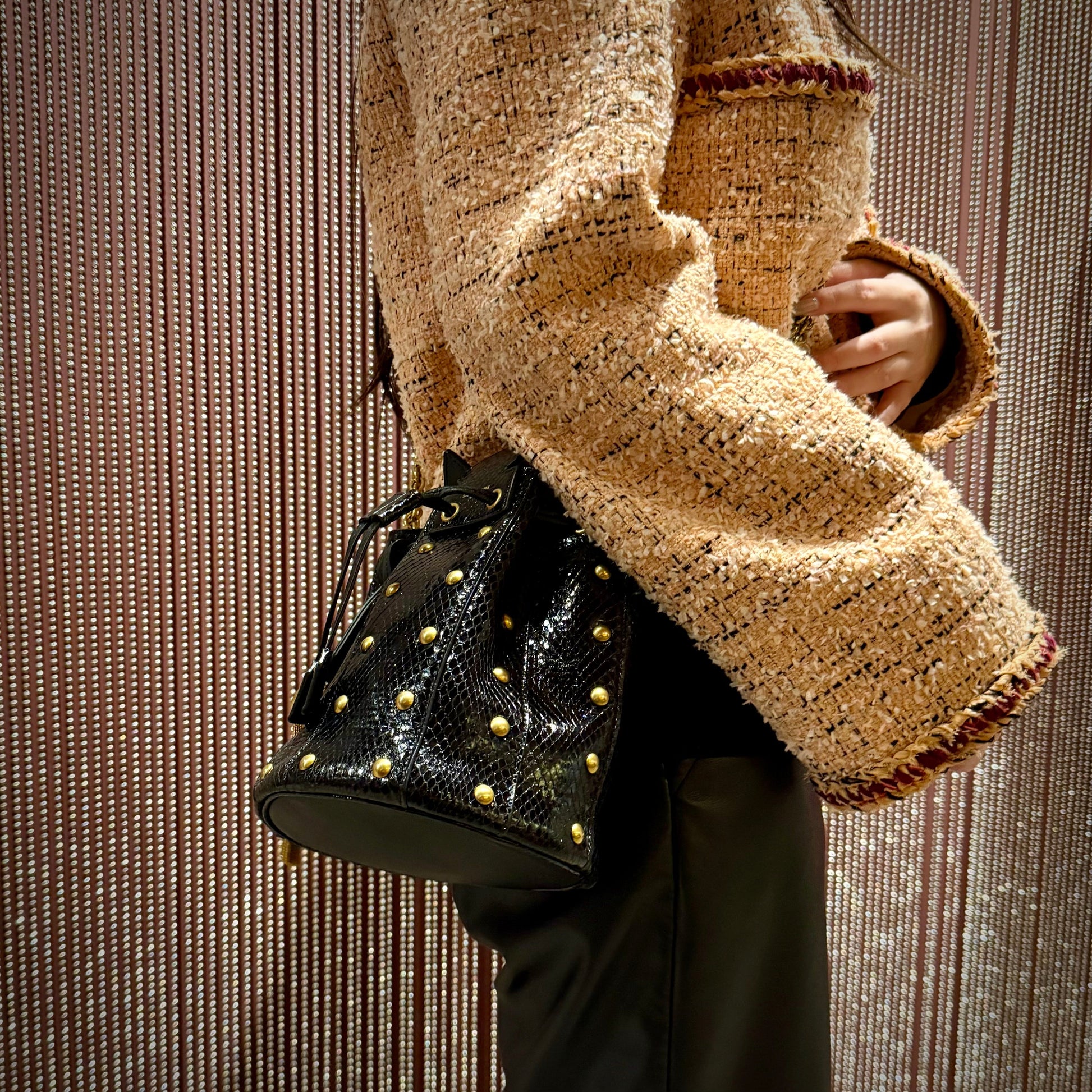 YSL Saint Laurent Snakeskin Studded Anja Bag Bucket Bucket Bag