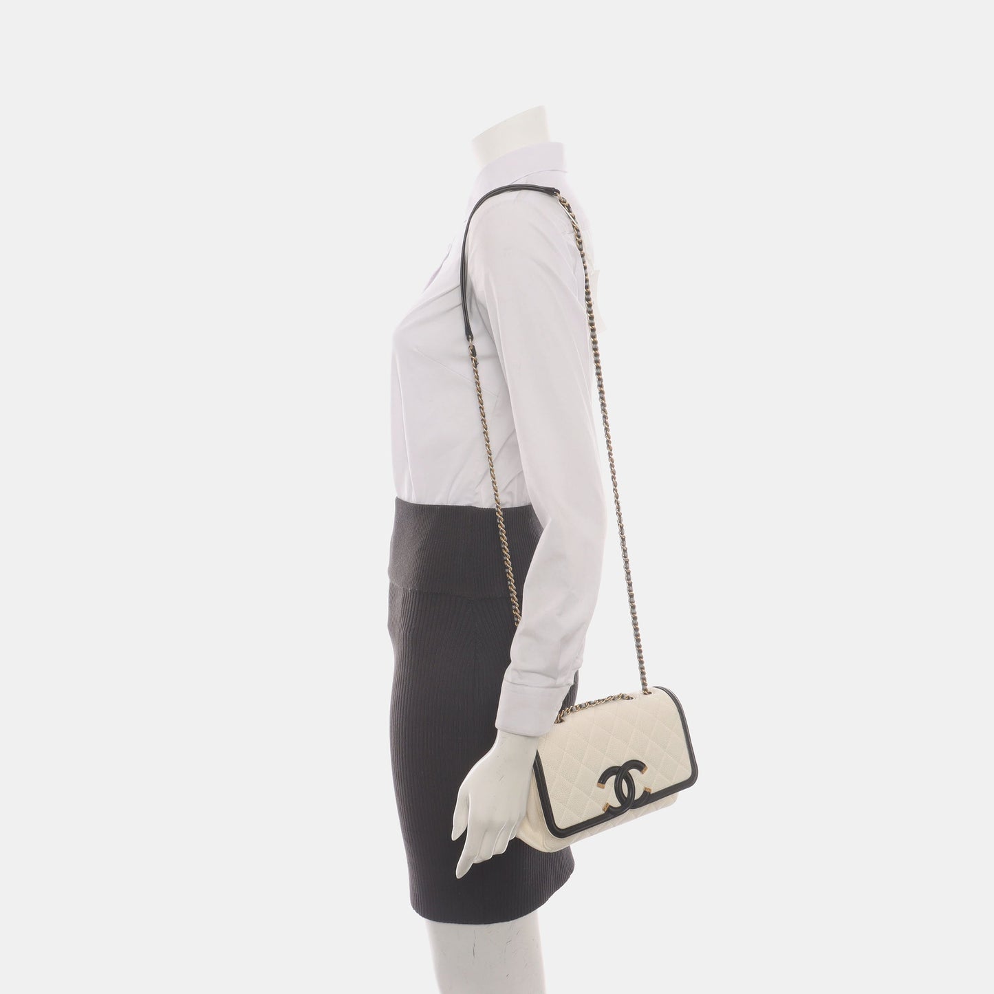 Chanel Filigree Flap Caviar Trim Black White Small Leather Shoulder Bag