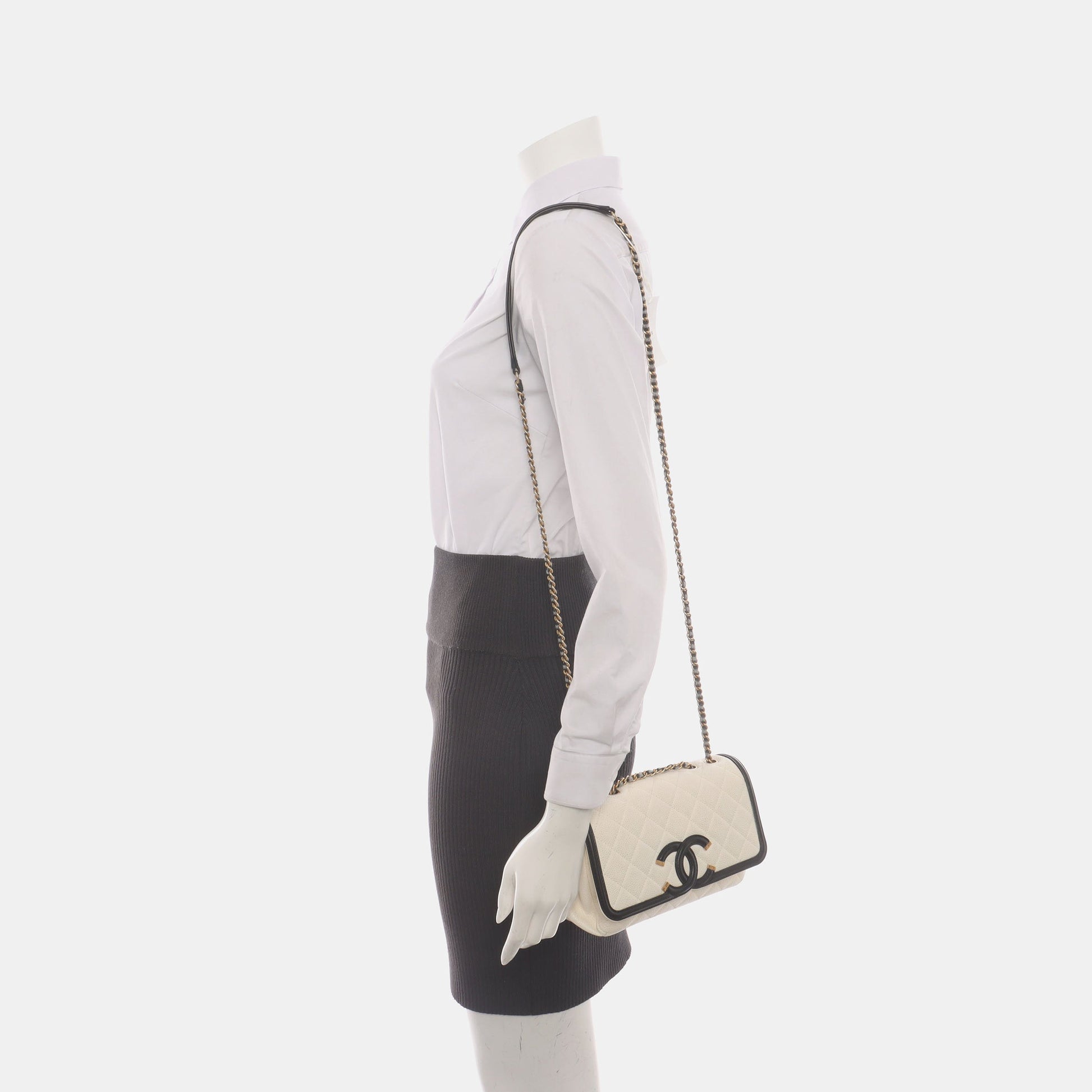 Chanel Filigree Flap Caviar Trim Black White Small Leather Shoulder Bag