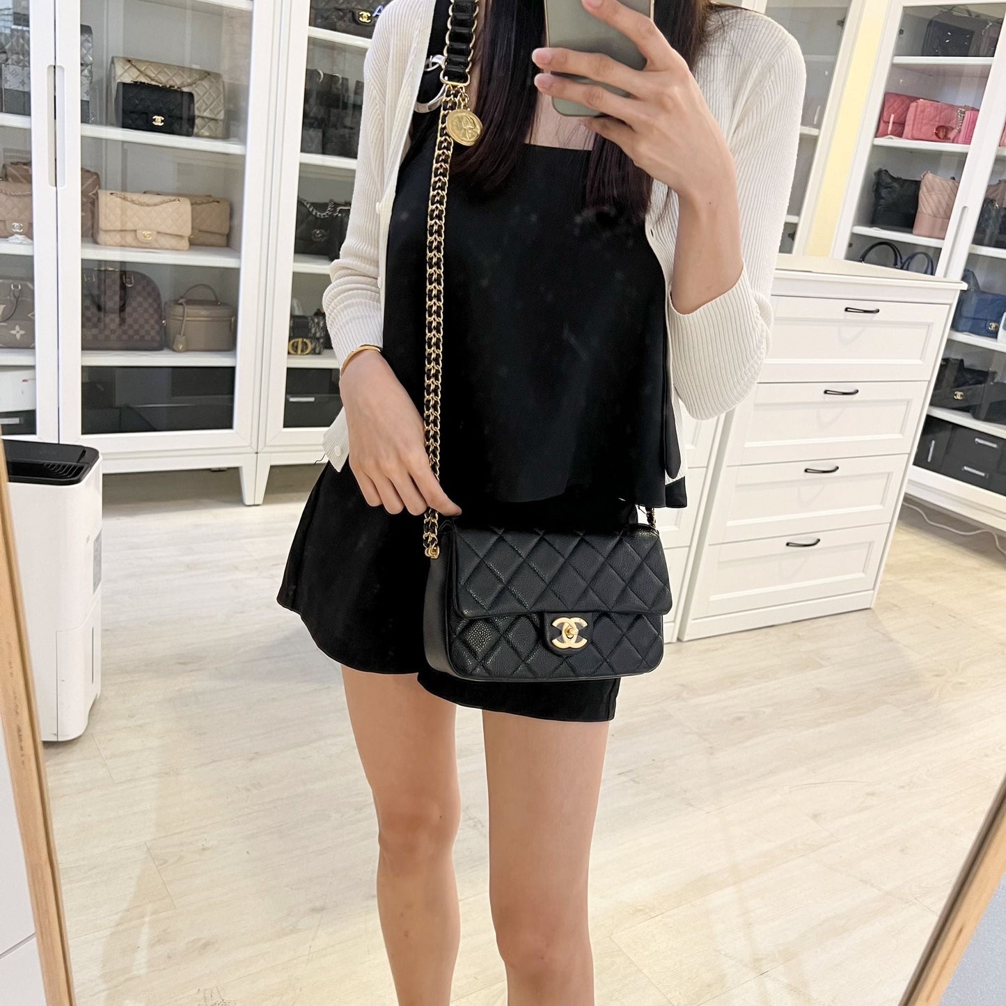 Chanel 21A Medallion Small Flap In Black Caviar And Aghw ( ) Bag