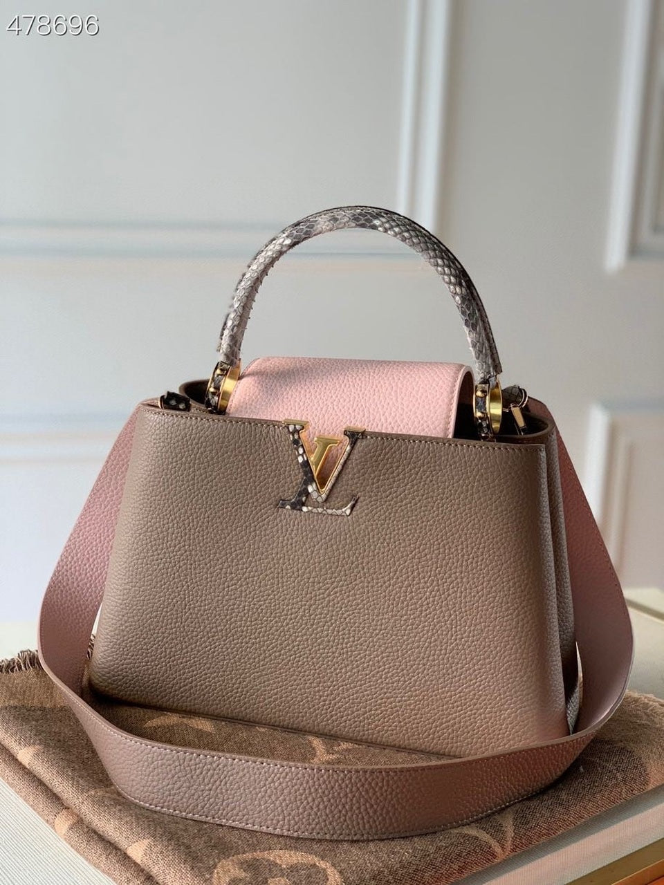 Top Quality Capucines Bb Taurillon And Python Brown Pink Crossbody Bag