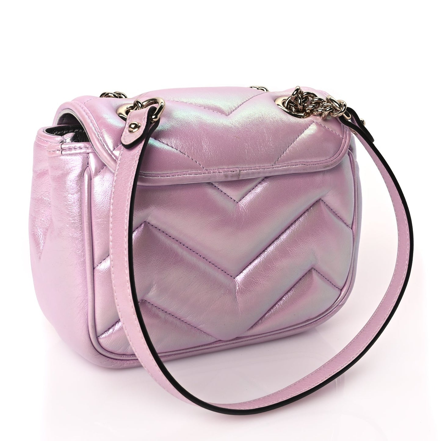 Gucci Iridescent Nappa Chevron Matelasse Mini GG Marmont Shoulder Bag Iridescent Escape Pink
