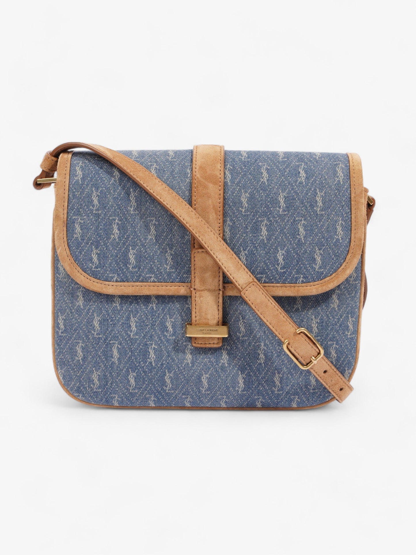 YSL Saint Laurent Camera Crossbody Bag Suede Denim Monogram