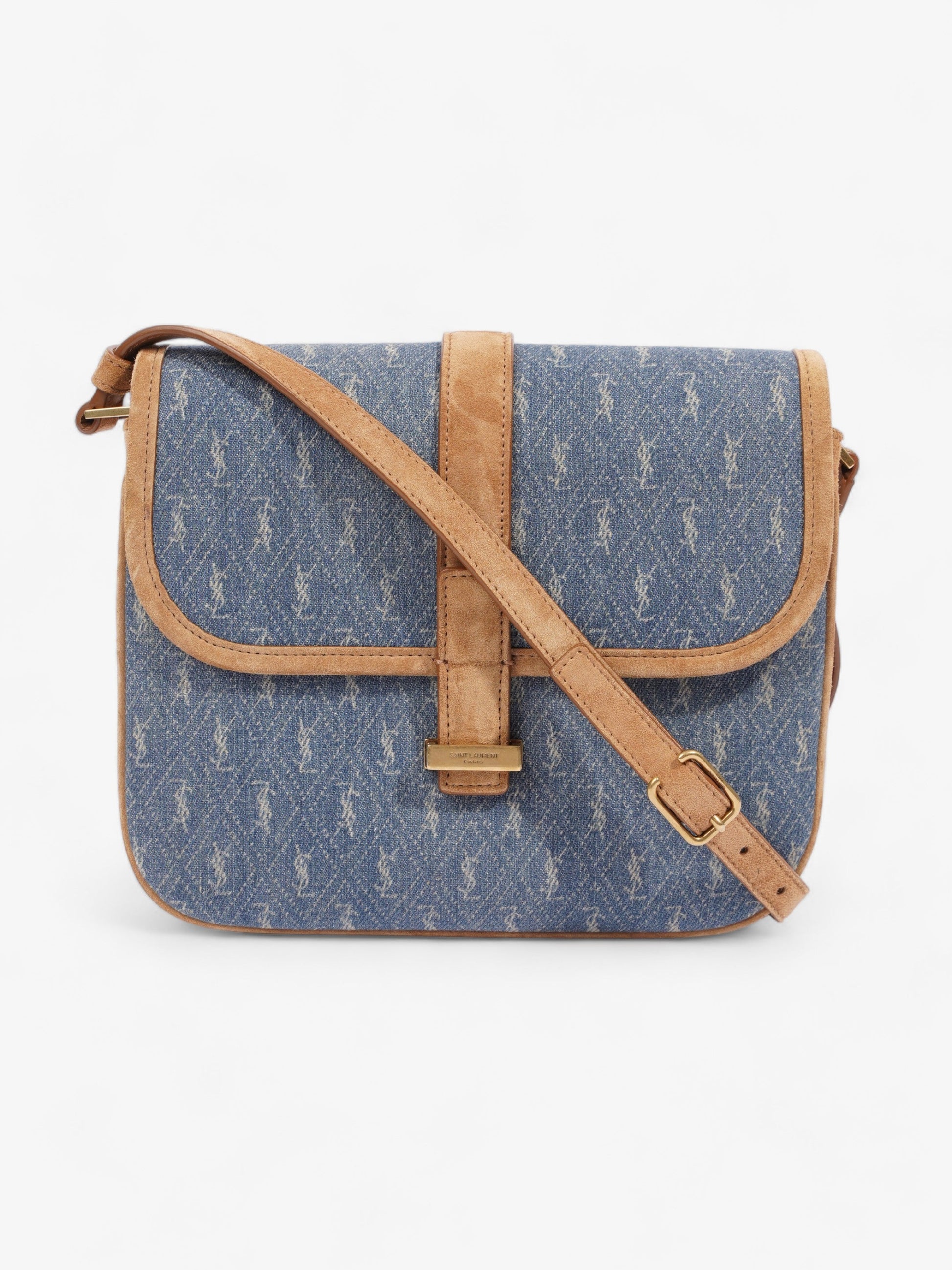 YSL Saint Laurent Camera Crossbody Bag Suede Denim Monogram