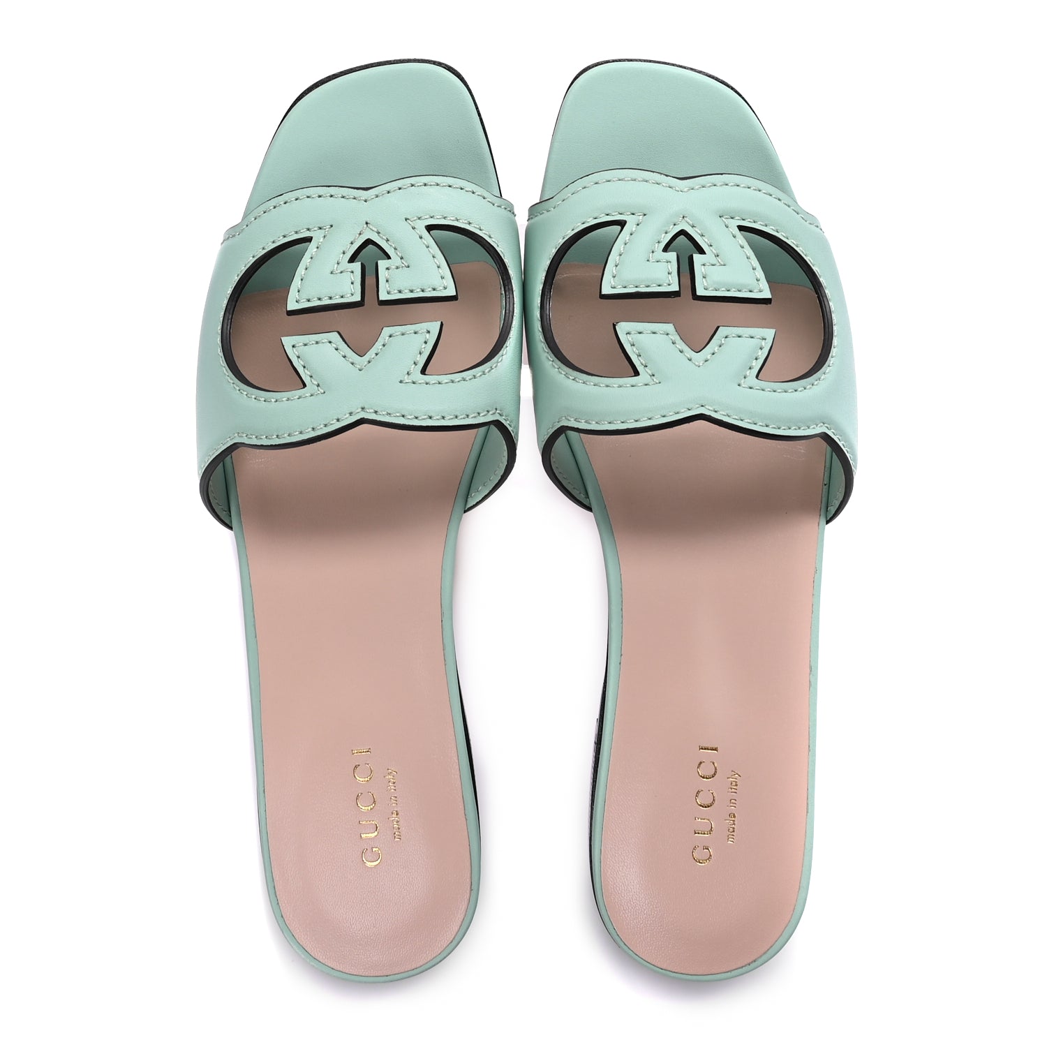 Gucci Cosmos Softy Calfskin Interlocking G Cut Out Slide Sandals 36.5 Light Pastel Green