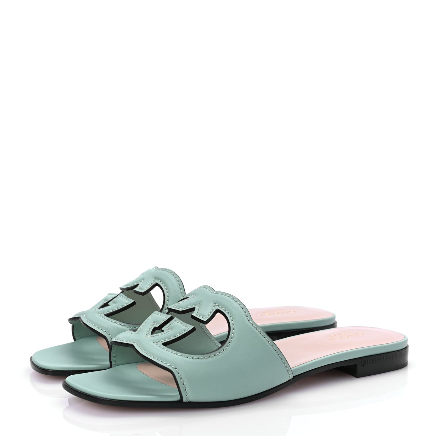 Gucci Cosmos Softy Calfskin Interlocking G Cut Out Slide Sandals 36.5 Light Pastel Green