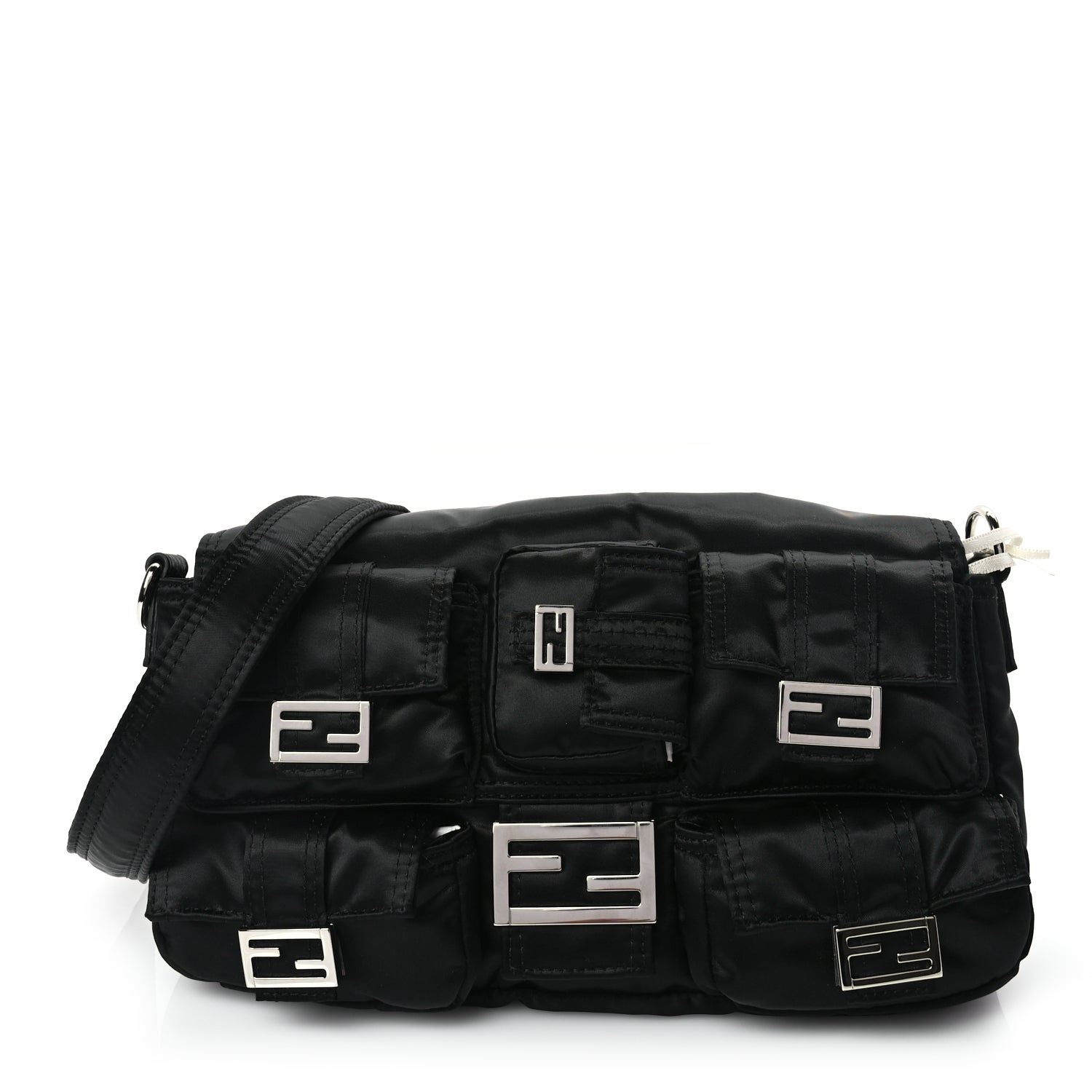 Fendi Handbag Econyl Cuoio Romano Multipocket Baguette Nylon Black Shoulder Bag