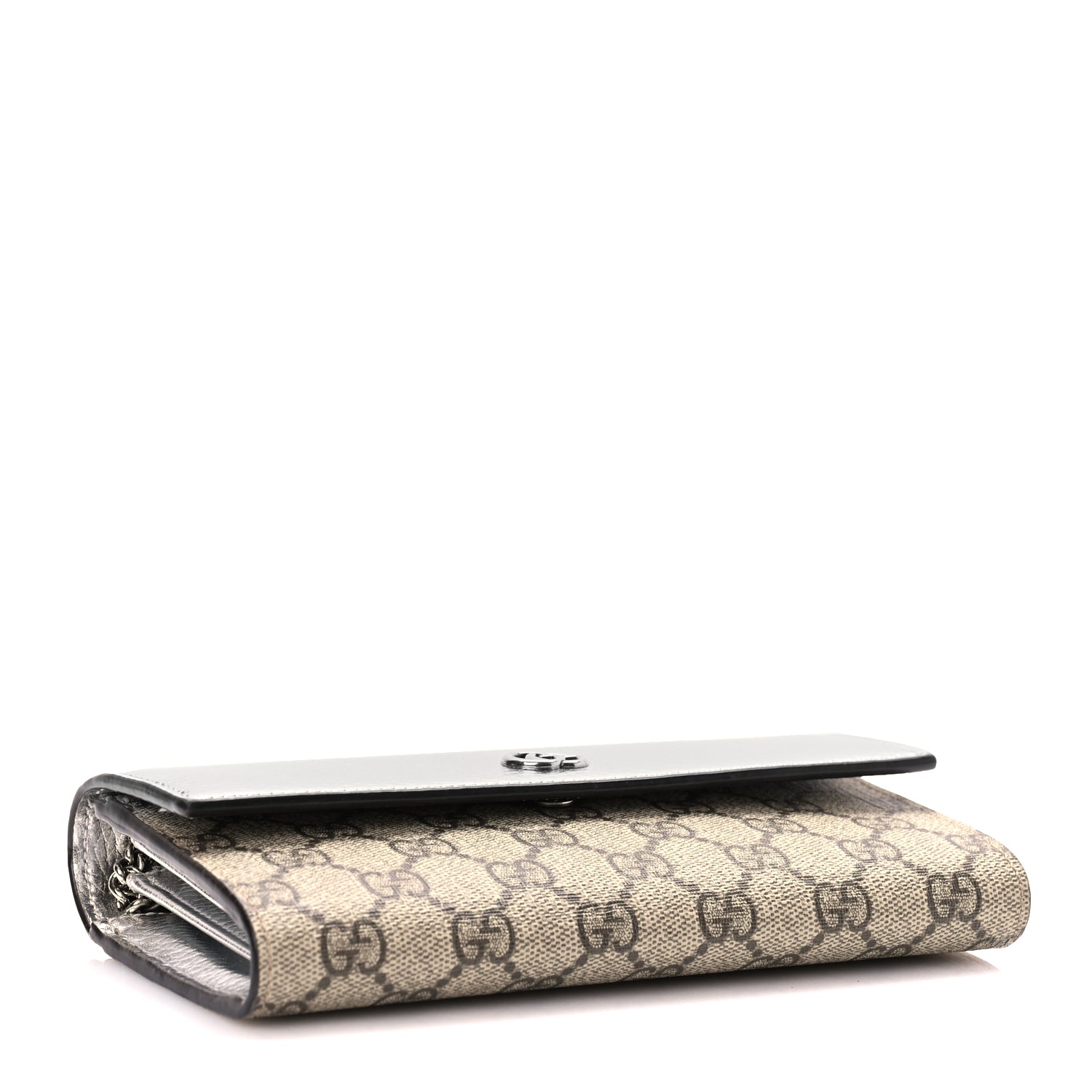 Gucci Metallic Calfskin GG Supreme Monogram Petite GG Marmont Wallet Chain Bag Silver Beige Ebony