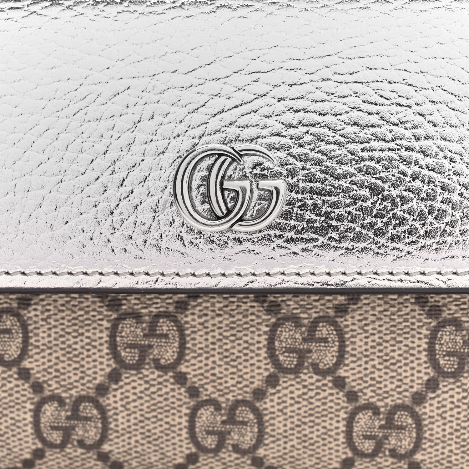 Gucci Metallic Calfskin GG Supreme Monogram Petite GG Marmont Wallet Chain Bag Silver Beige Ebony
