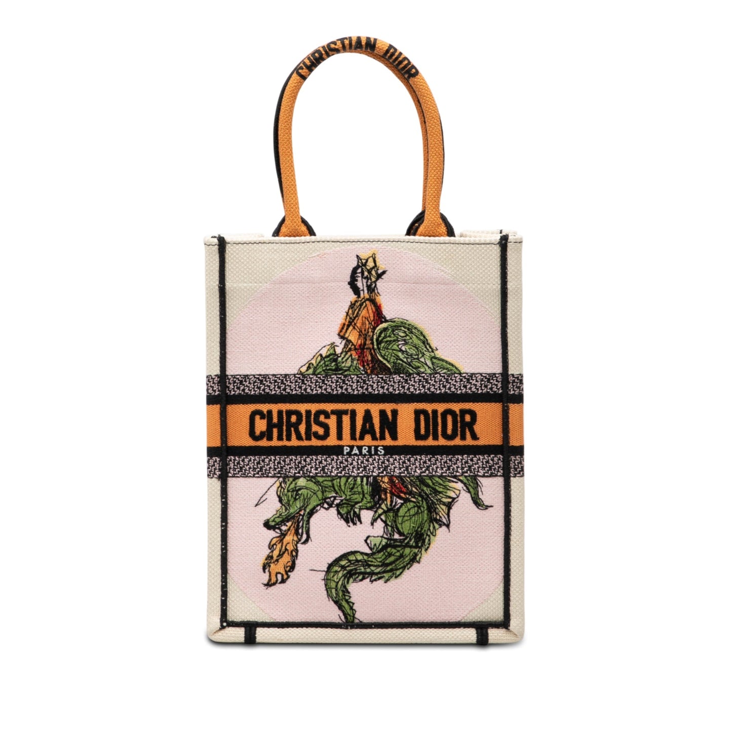 Dior Handbag Princess and Dragon Vertical Book Tote Canvas White Embroidered Tote Bag