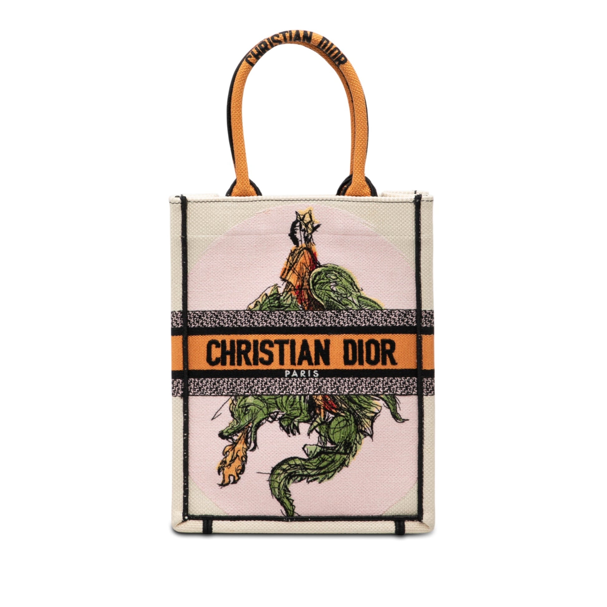 Dior Handbag Princess and Dragon Vertical Book Tote Canvas White Embroidered Tote Bag