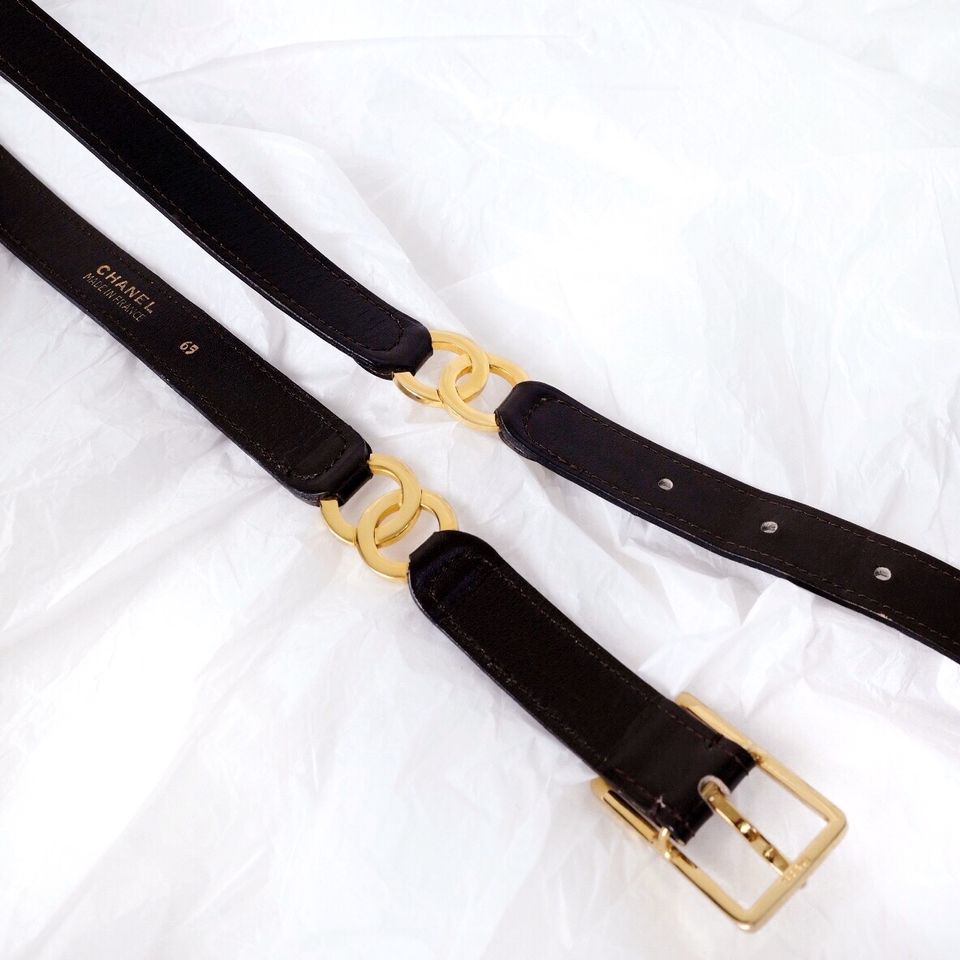 Chanel   double logo leather belt brown