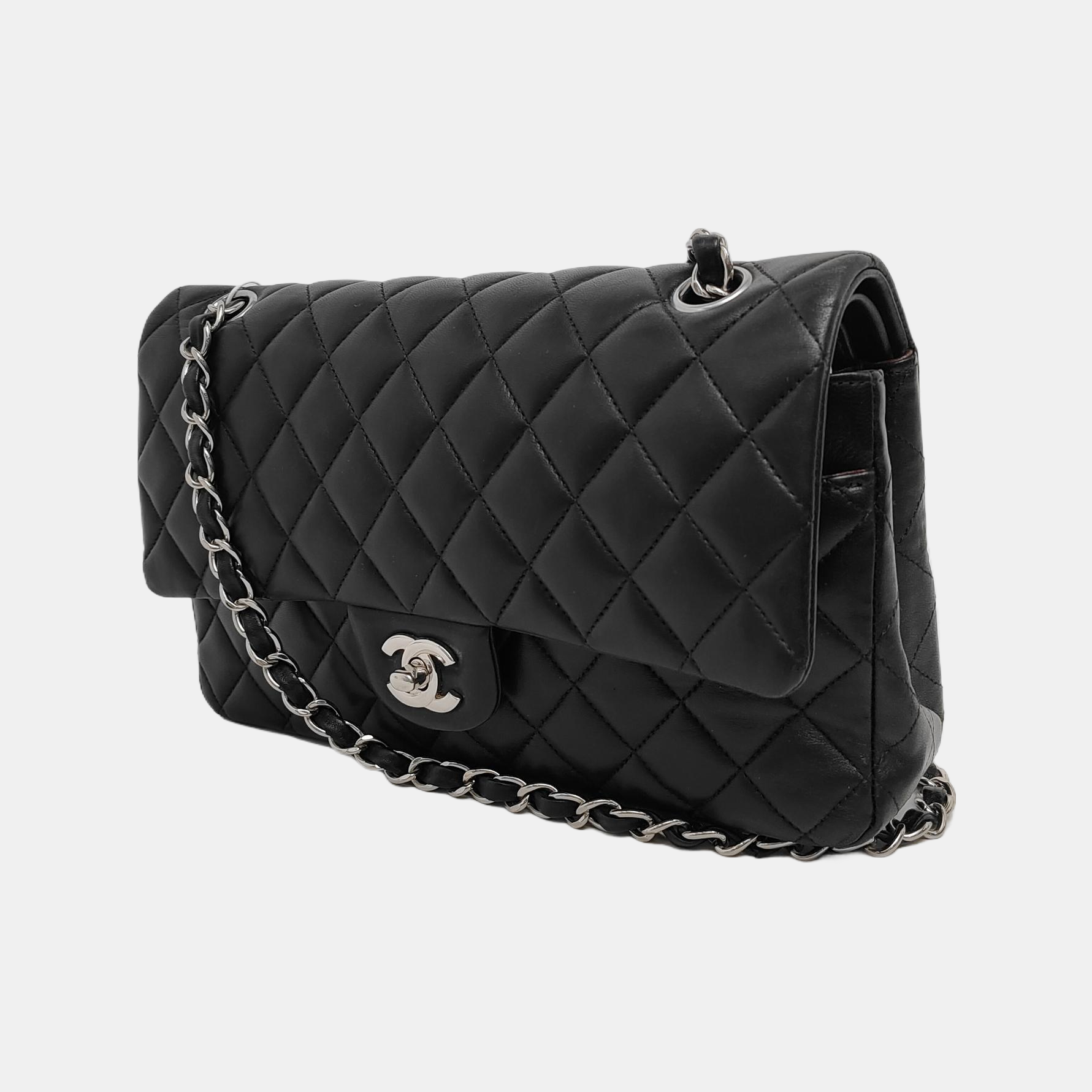 Chanel Timeless Classic Flap Lambskin Hardware Black Silver Leather Handbag 3