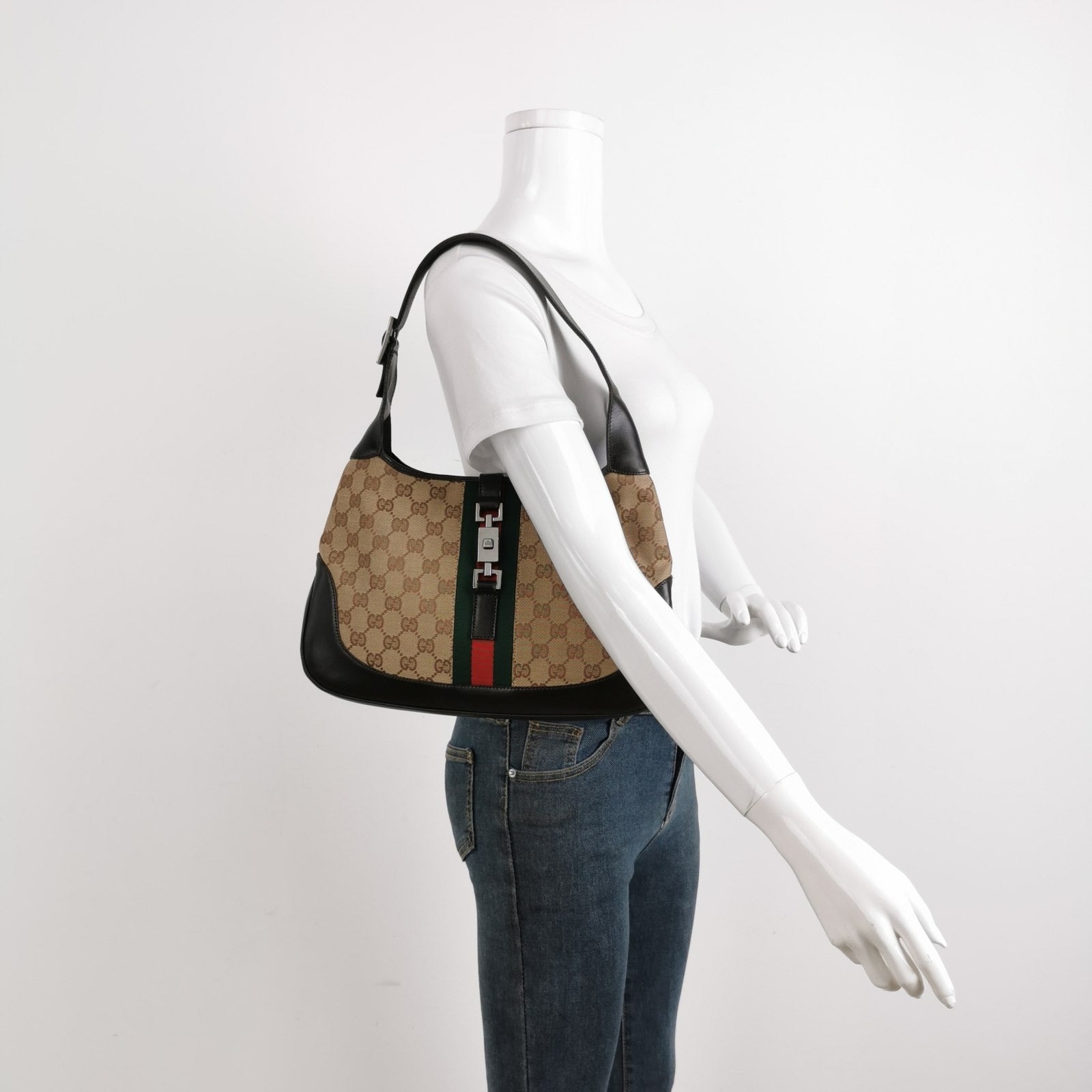Gucci Jackie Monogram Leather Canvas Black Shoulder Bag