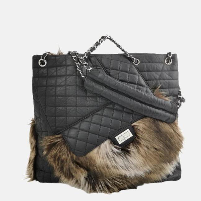 Chanel Calfskin Fur Mademoiselle 2way Black Lock Tote Bag