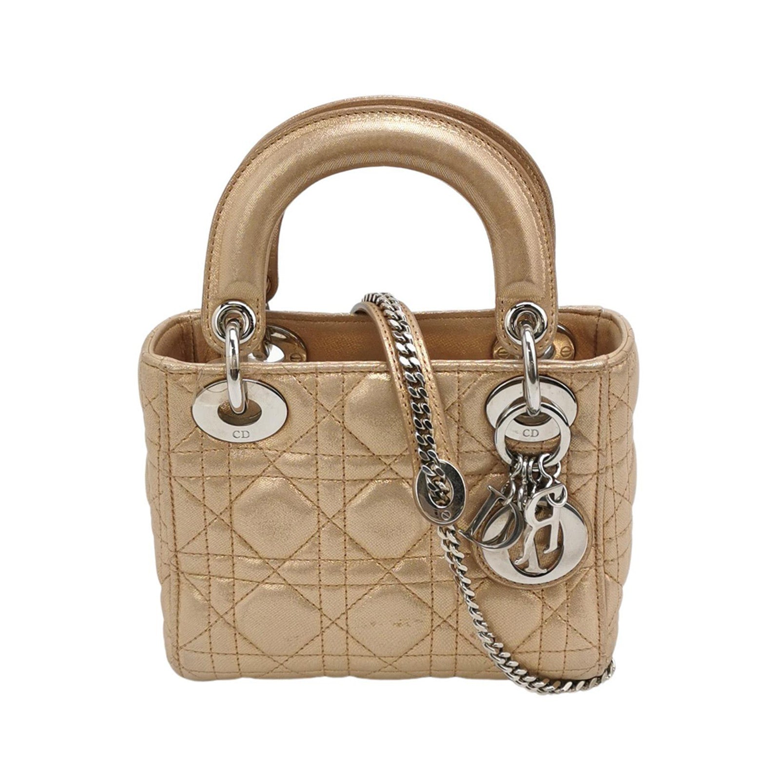 Dior Lady Textile Cannage Handbag With Strap Gold Mini Travel Bag