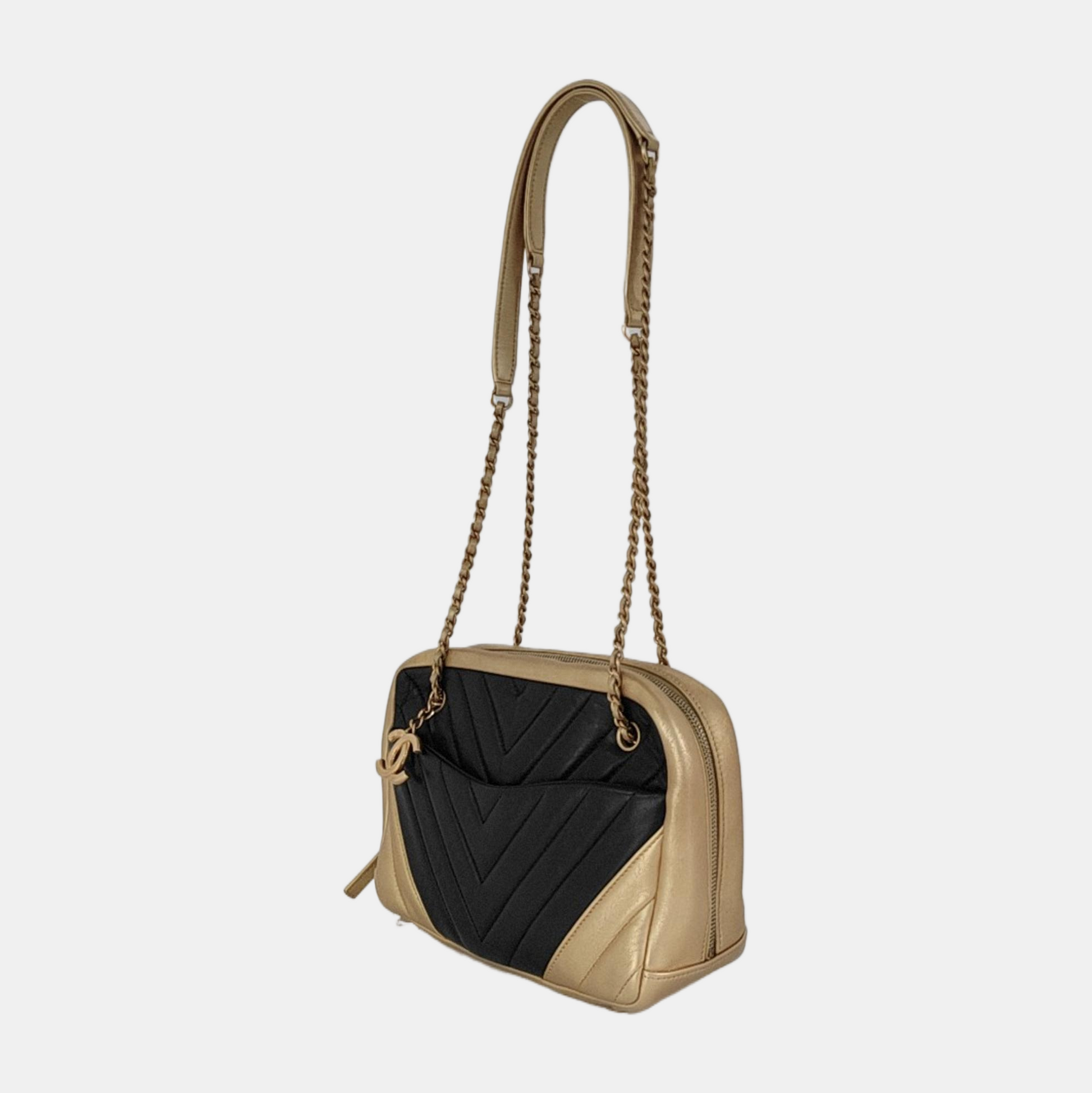Chanel Camera Chevron Stitching Lambskin Double Black Gold Leather Crossbody Bag