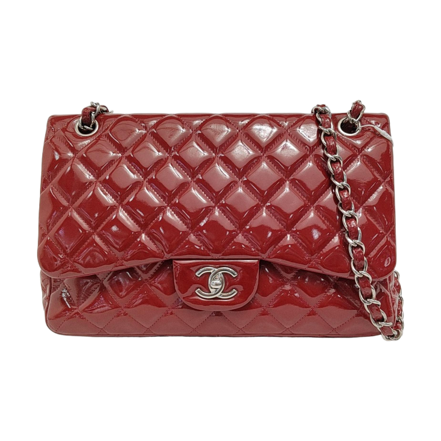 Chanel Classic Flap Jumbo Patent Double Flap Red Silver Leather Handbag