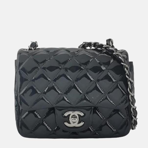 Chanel Square Classic Flap Navy Patent Leather Crossbody Bag
