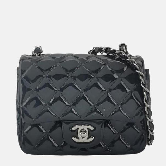Chanel Square Classic Flap Navy Patent Leather Crossbody Bag