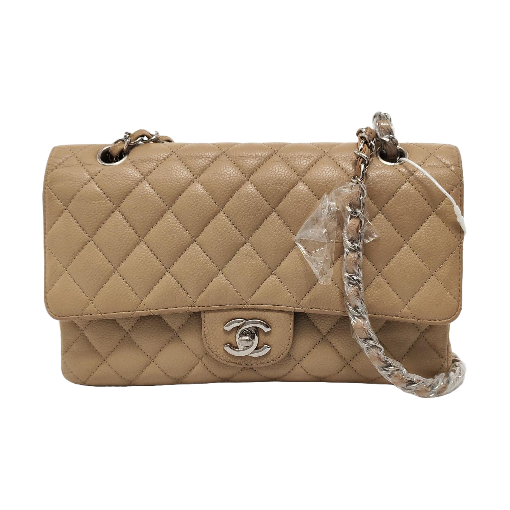 Chanel Timeless Classic Flap Caviar Hardware Silver Beige Leather Handbag