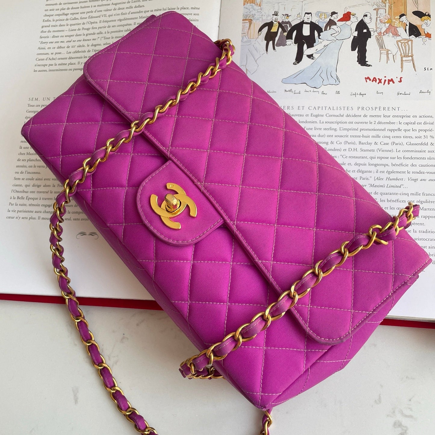 Chanel Classic Flap Fuchsia 24k Plated Hardware Pink Gold Canvas Handbag