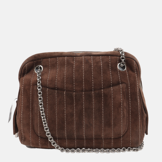 Chanel Mademoiselle Camera Chocolate Suede Brown Silver Crossbody Bag