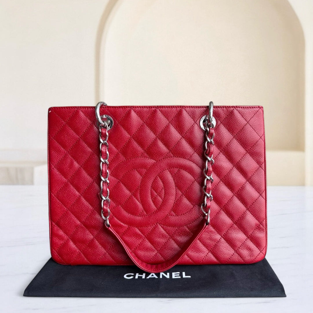 Chanel GST Grand Shopping Tote - Caviar Grained Quilted Red Tote Bag