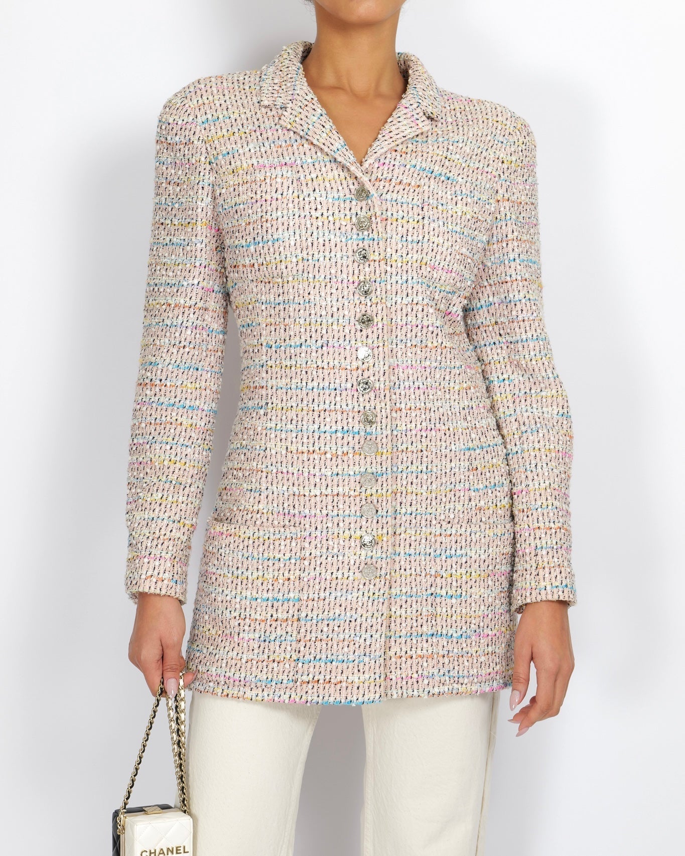 Chanel   96P Pink and Multi-Colour Tweed Long Jacket with Silver CC Logo Buttons Size FR 44 (UK 16)