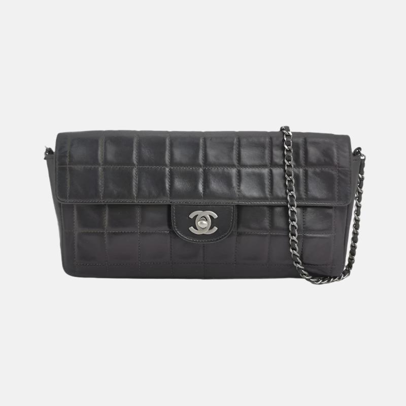 Chanel East West Chocolate Bar Hardware Black Silver Leather Handbag