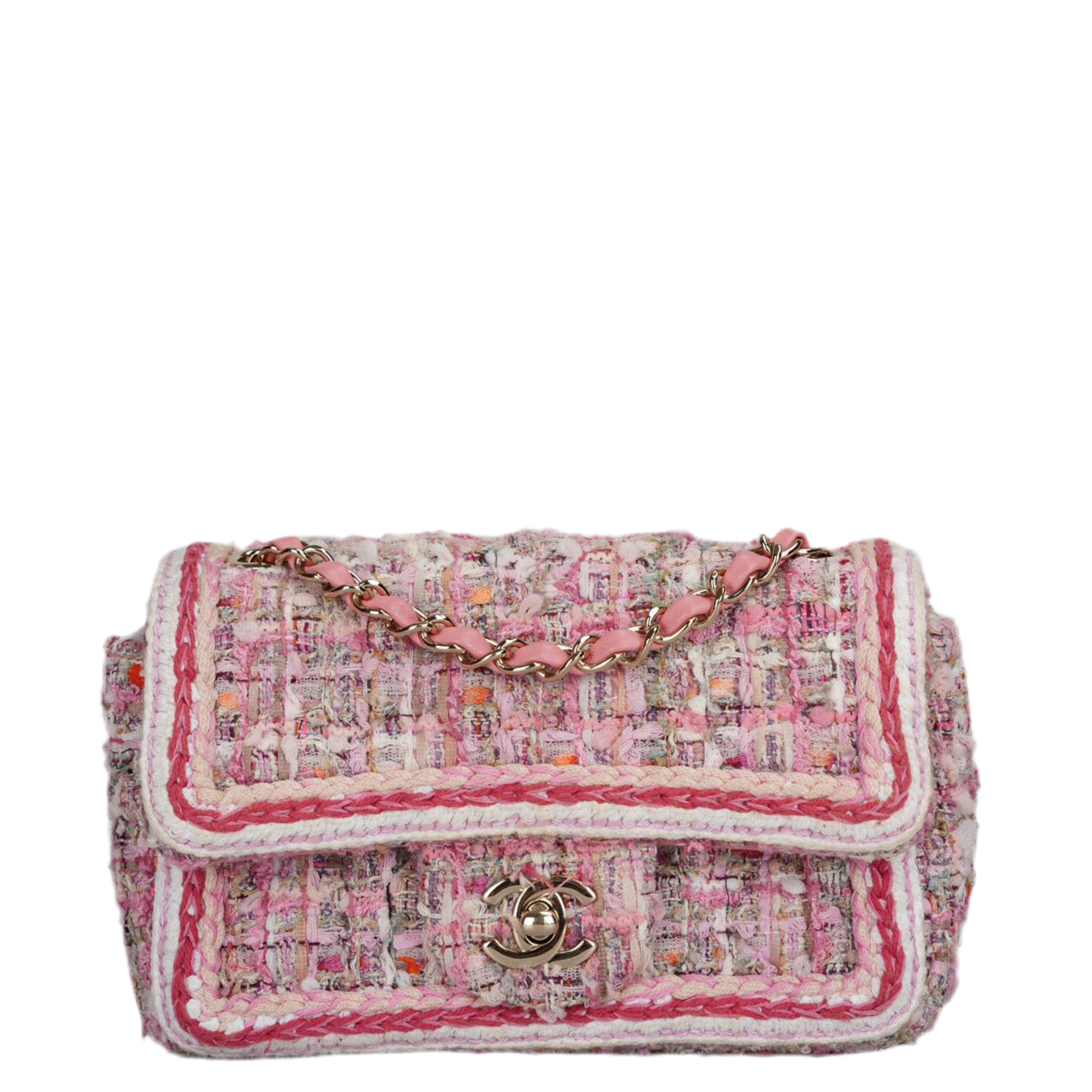 Chanel Timeless Tweed Mini Flap Bag rectangle in White and Pink With Gold Hardware
